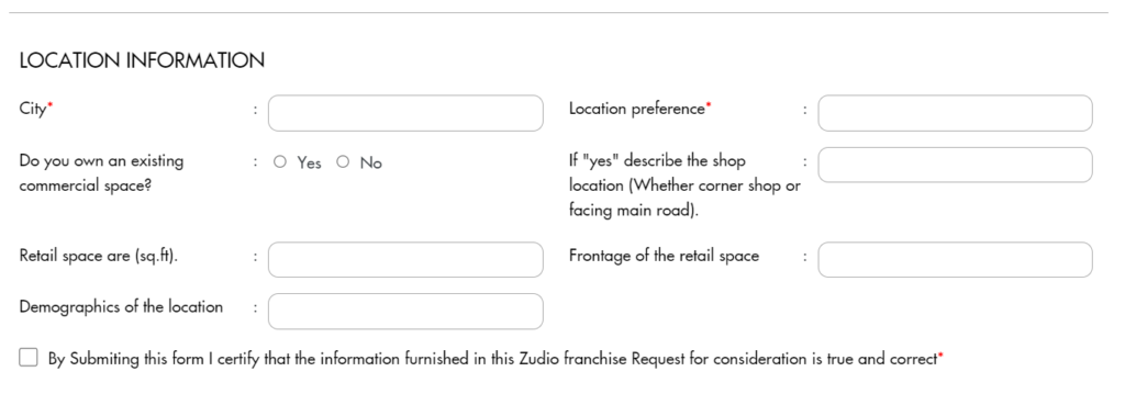 location required for zudio franchise